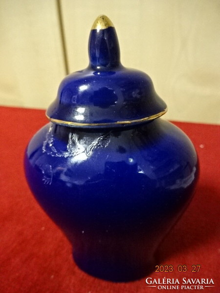 German glazed ceramic vase with a lid, on a cobalt blue base, with a golden pheasant pattern. Jokai.