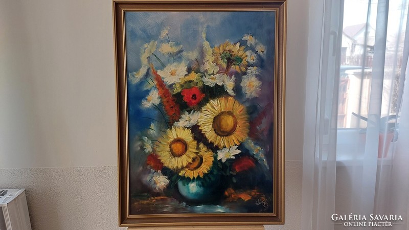 (K) Gyönyörű szignózott virágcsendélet festmény 61x82 cm kerettel