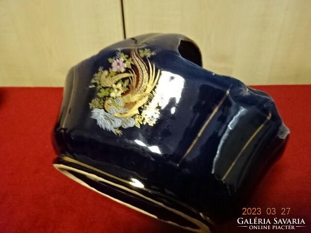 German glazed ceramic centerpiece, with a golden pheasant pattern on a cobalt blue base. Length 20 cm. Jokai.
