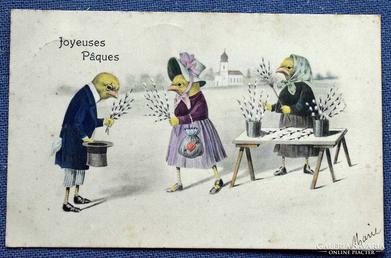 Antik  Húsvéti üdvözlő  kézzel színezett képeslap  csirke úr és hölgy barkával barkaárus csikre