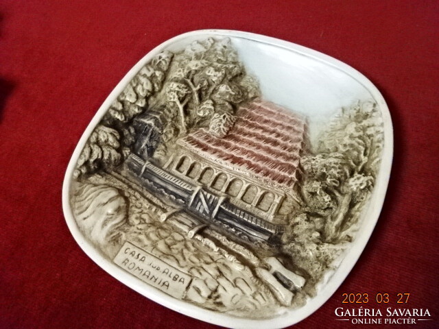 Gypsum wall plate, with casa alba Romania inscription, hand painted. Jokai.