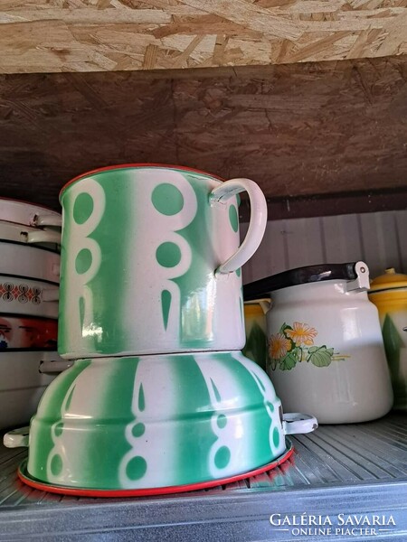 Enamel Enameled Ear Bowl Dish Pot Green Pattern Rare Collector's Pastry Antique Nostalgia