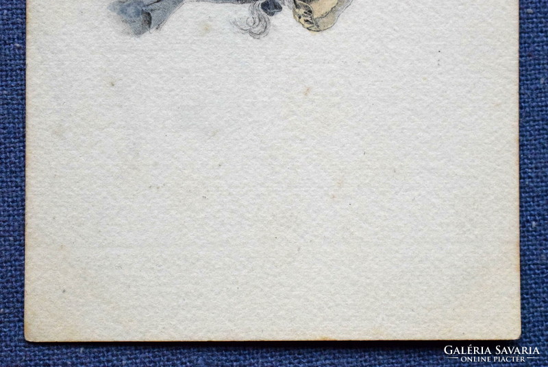 Antik metszet jellegű kézzel színezet képeslap rokokó ruhás ifjak hintáznak udvarlás