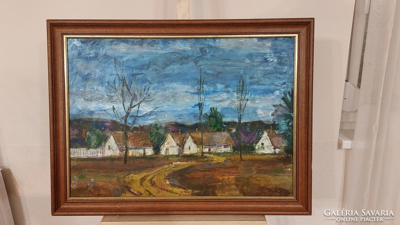 (K) Szűcs János falurészlet festménye 59x80 cm kerettel