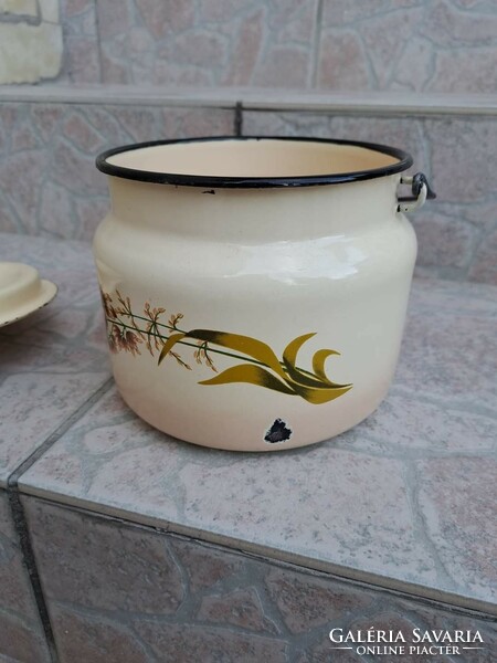 Beautiful enameled enameled food barrel, good for food or grease, also good for grease, antique, nostalgia