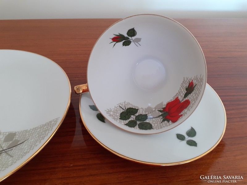 Retro porcelain coffee cup with red rose breakfast set 3 pcs