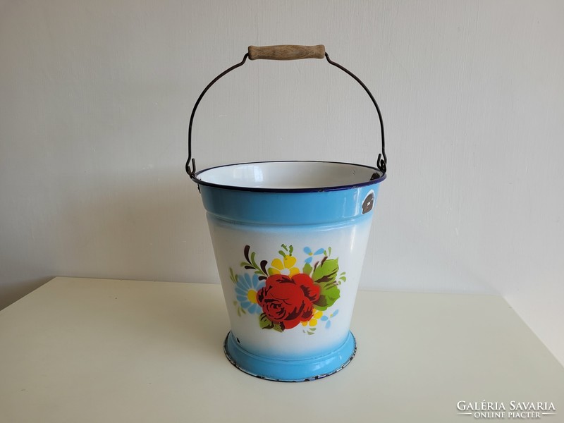 Old enameled floral rose patterned blue white rose enameled vintage bucket jug Budafok