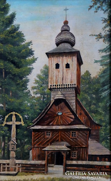 Wooden church, oil painting, (Transylvania, Highlands v. Transcarpathia?)