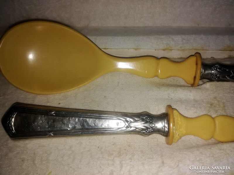 Antique 800 silver handle vinyl serving pair salad fork and spoon - art&decoration