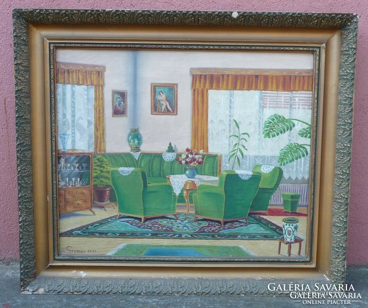 Zöld szobabelső, enteriőr 1956-ból jelzett festmény