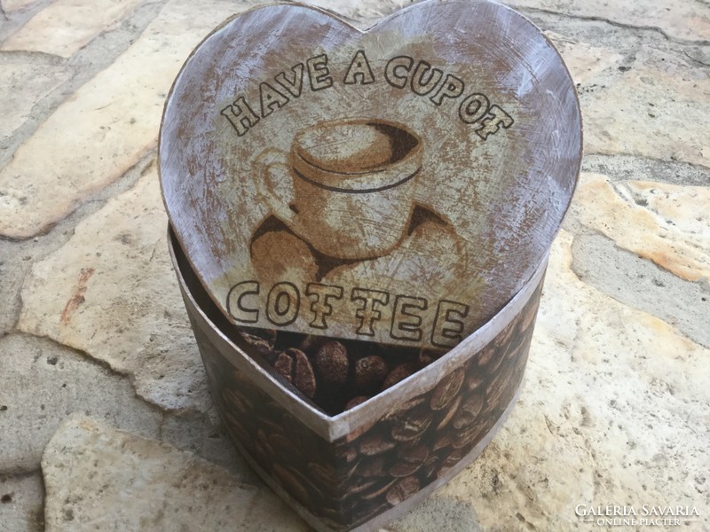 Heart-shaped brown decoupage gift box with coffee pattern