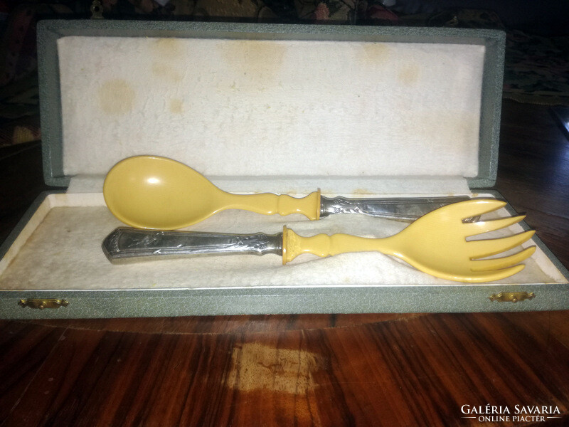 Antique 800 silver handle vinyl serving pair salad fork and spoon - art&decoration