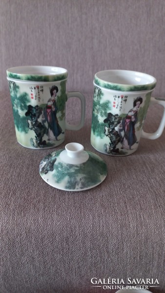 Vintage labeled scenic Chinese teacup with strainer and lid. The set is incomplete, one roof is missing.