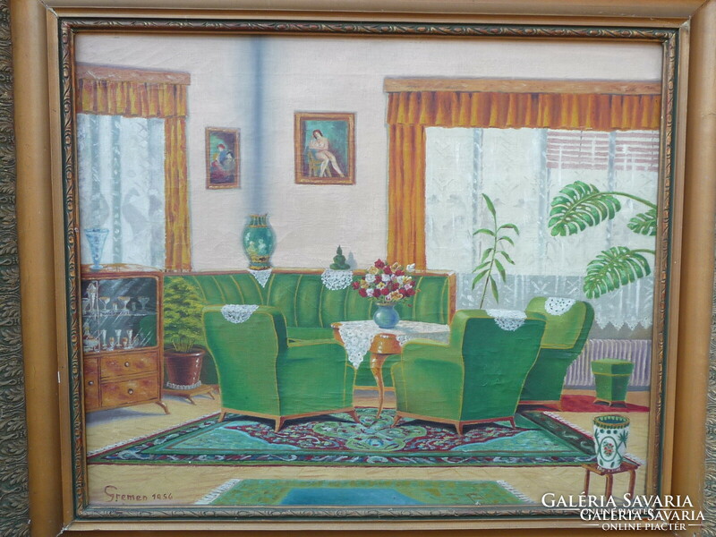 Zöld szobabelső, enteriőr 1956-ból jelzett festmény