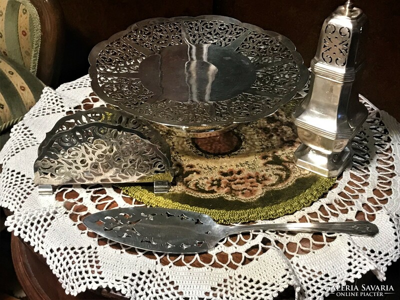 Antique, silver-plated, powdered sugar sprinkler, accompanied by a rare openwork cake spatula and openwork cake plate