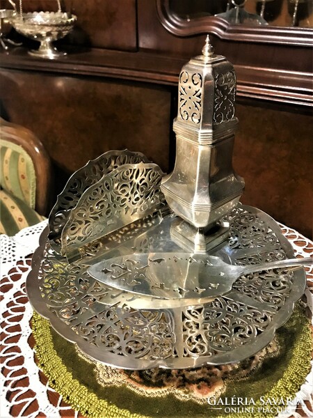Antique, silver-plated, powdered sugar sprinkler, accompanied by a rare openwork cake spatula and openwork cake plate
