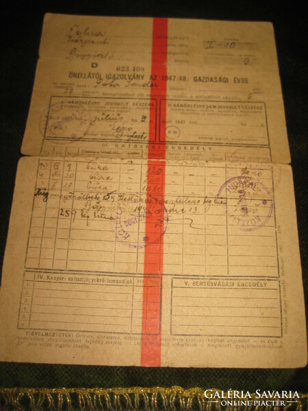 Hatósági Önellátói Igazolvány  az 1947 - 1948 évre