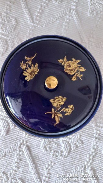 Hollóházi genuine cobalt blue-gold jewelry holder, flawless, 6 x 13 cm