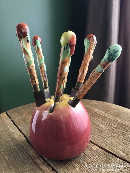 Antique majolica apple cutter copper knife set
