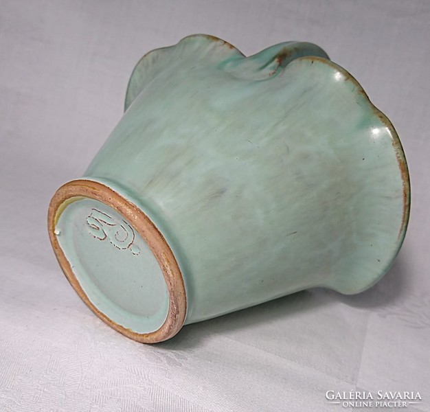 Special glazed Scandinavian ceramic basket with green glaze.
