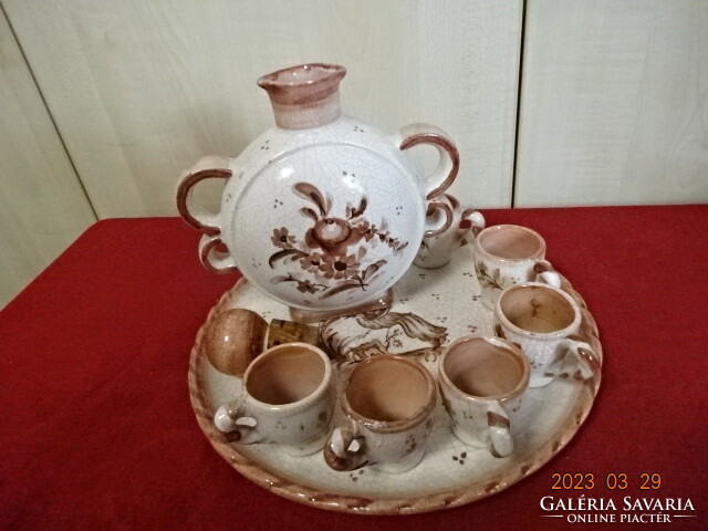 Hungarian glazed ceramic brandy set with tray. Deer pattern. Jokai.