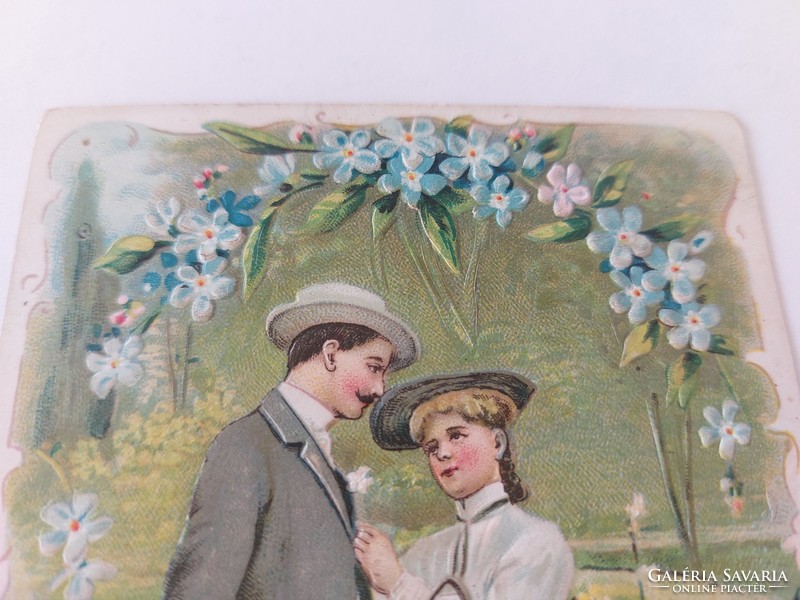 Old embossed postcard postcard love couple forget-me-not
