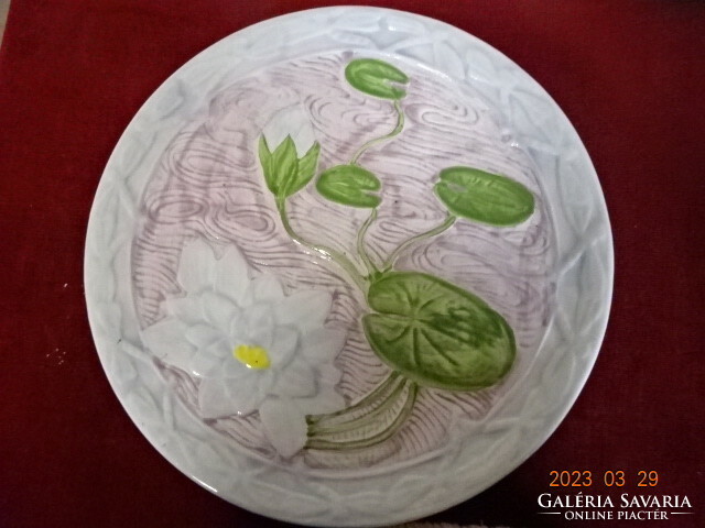Hungarian glazed ceramic cake plate with base. Antique printed pattern. Jokai.
