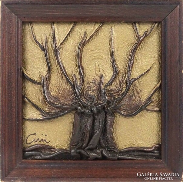 1M535 small wall picture with leather decoration, 13 x 13 cm