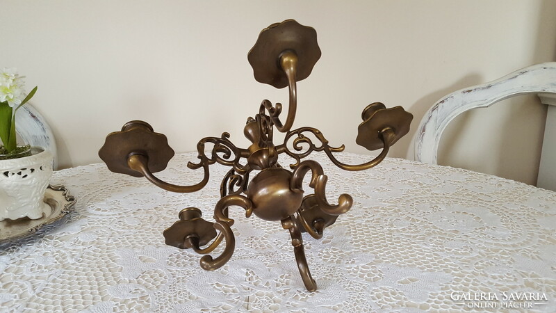 Rare Flemish-style, five-branched copper table candle holder