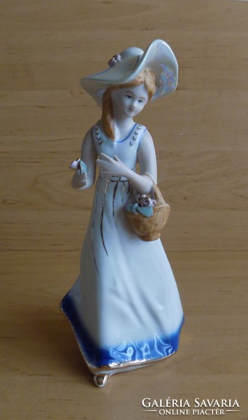 Marked porcelain lady in hat with flower basket 24 cm (po-1)