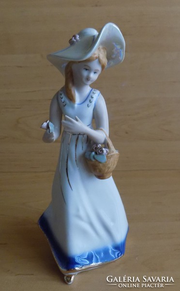 Marked porcelain lady in hat with flower basket 24 cm (po-1)