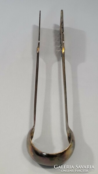 Antique silver serving dish, meat tongs