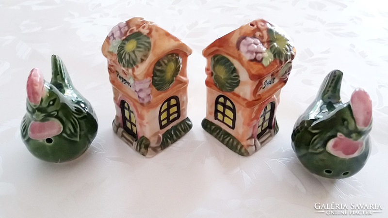 Old 4 piece ceramic salt shaker with vintage hen and cottage shaped old pepper shaker