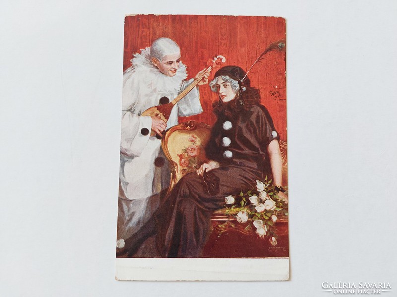 Régi képeslap 1915 művészeti levelezőlap Pierrot és Pierrette