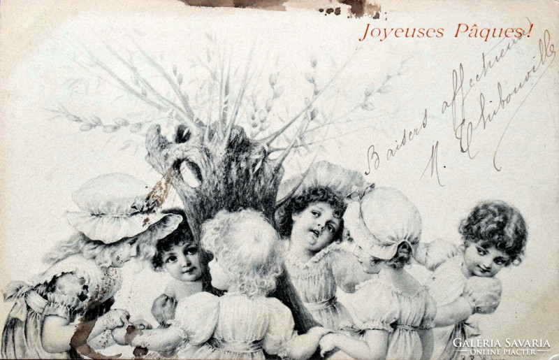 Antik MM Vienne Wichera Húsvéti üdvözlő képeslap fatörzs körül táncoló gyerekek