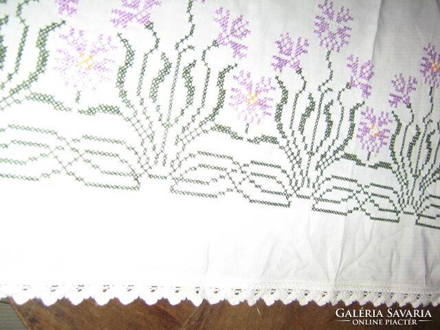 Beautiful antique cross stitch embroidered lace edge tablecloth runner