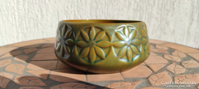 Zsolnay eosin pot, flowerpot, art deco secession pattern, beautiful. Special blue-green eosin color.