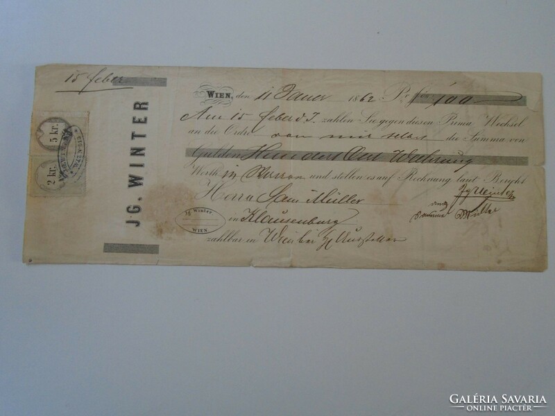 Za424.2 Old bill of exchange 1862 Vienna jg winter - Müller Cluj 100 florins - with 2 kr and 5 kr stamps