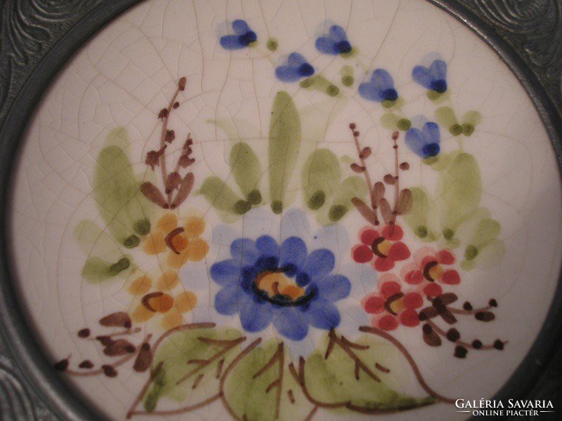 Tin antique floral porcelain wall plate in marked frame