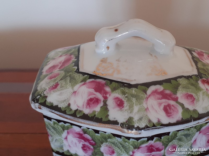 Old porcelain box with rosy mini box vintage holder
