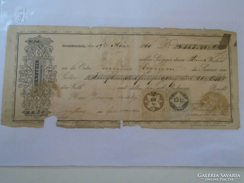 Za424.5 Old promissory note 1860 Großwardein Nagyvárad - Demeter Transylvanian HUF 353 document stamps
