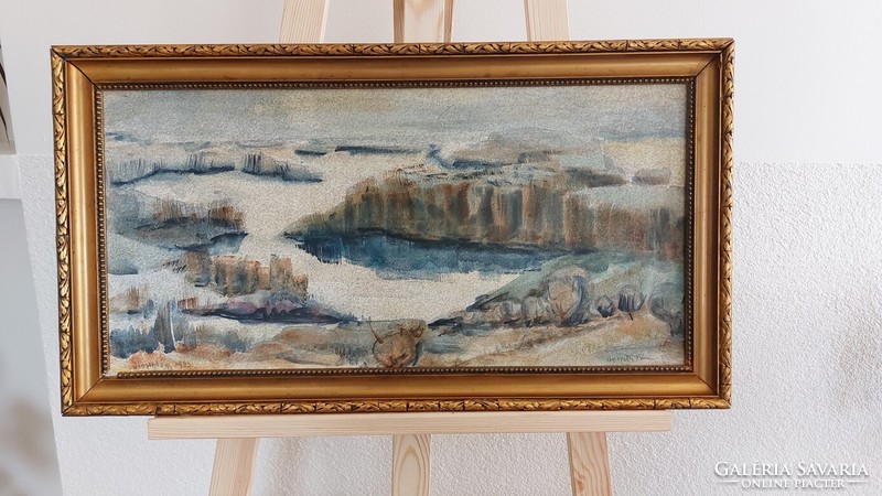 (K) beautiful landscape painting hortobágy 65x36 cm with frame