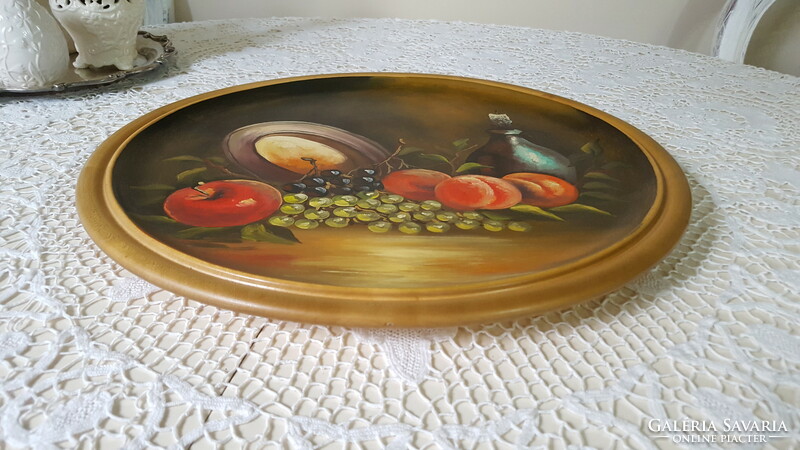 Beautiful table still life painted on a large wooden bowl, 41 cm.