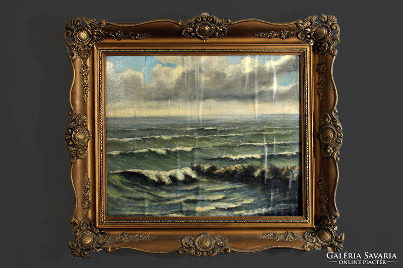 Endrődy a. Turbulent sea landscape 70x80cm -- rippling water waves storm 60x70 openwork blondel frame