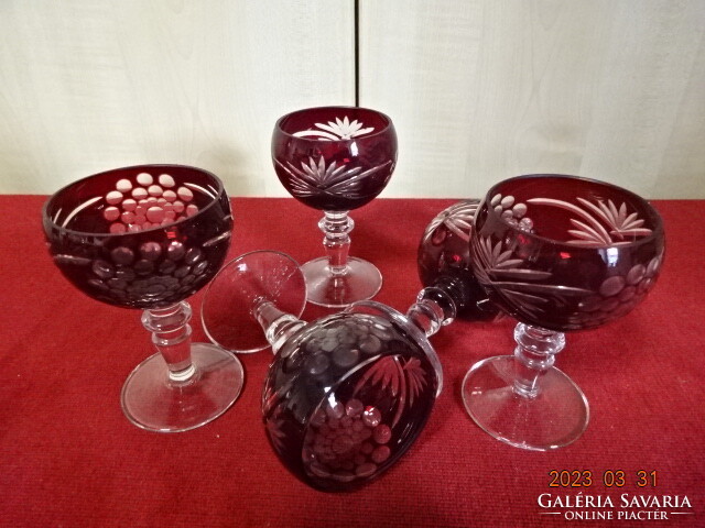 Burgundy crystal glass, stemmed liqueur glass, five pieces. Jokai.