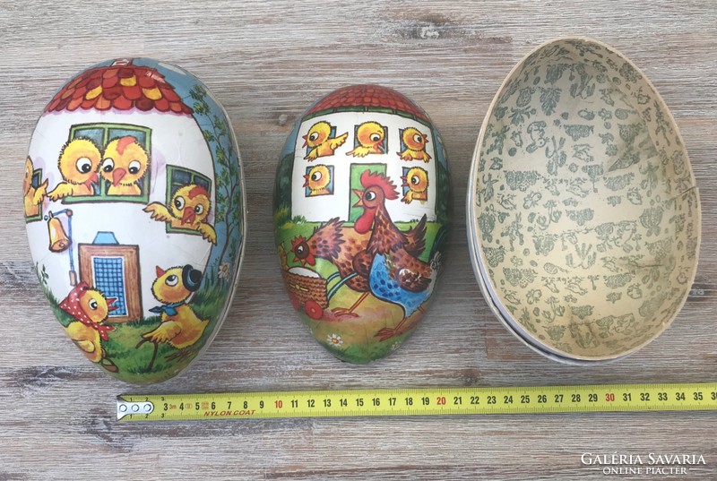 Régi húsvéti papírmasé cukortartó tojás 2 db csibe, kakas mintával