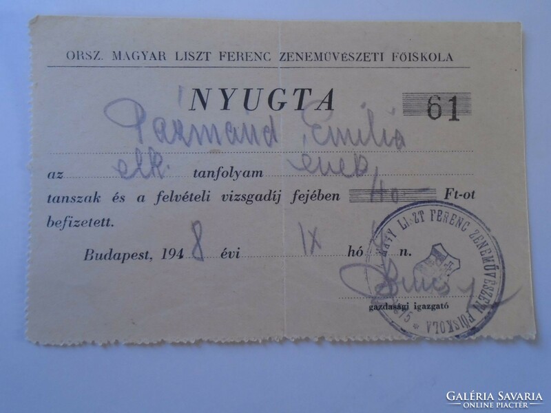 ZA428.16 NYUGTA - Országos Magyar LISZT FERENC Zeneművészeti Iskola 1948  -40 Ft