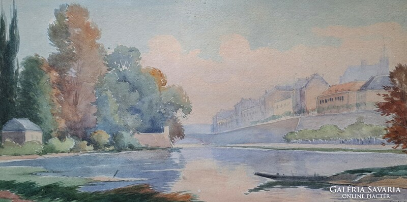 A. Marks: Metz, 1924 - French riverside cityscape, watercolor - France