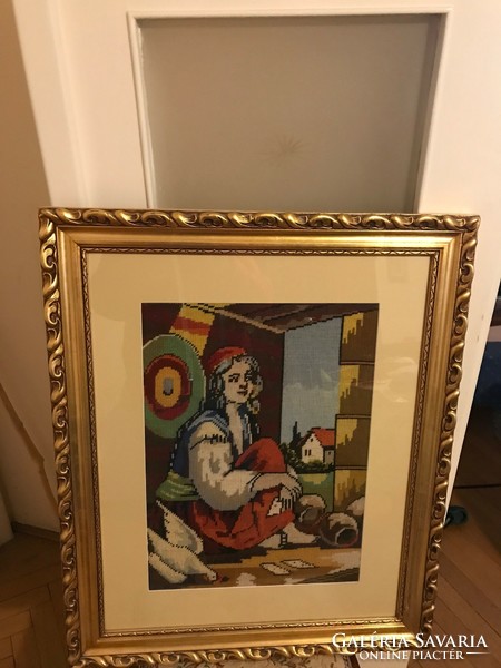 Picture made with Gobelin technique, in a gilded frame. 60X72 cm in completely new condition.