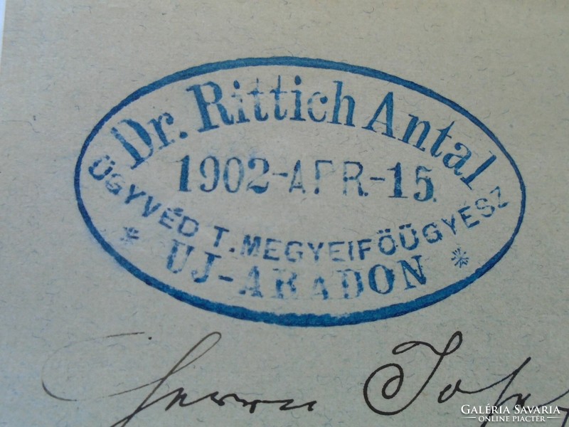 ZA426.8 Régi irat -Dr. Rittich Antal 1902 ügyvéd -megyei fő ügyész  Új -Arad -nyugta 5 K  60f
